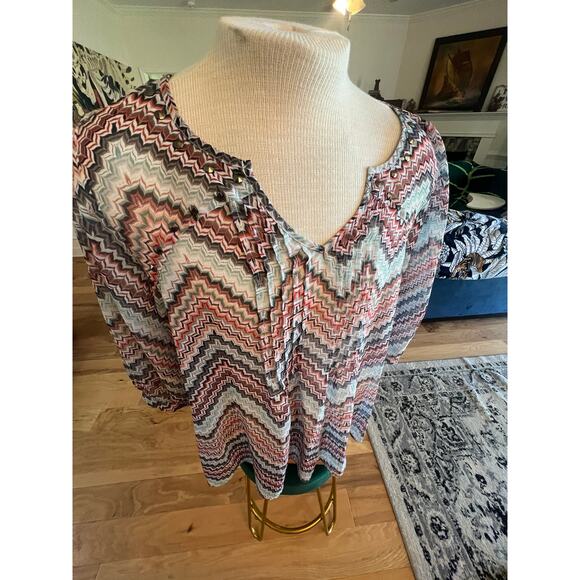 EYESHADOW PATTERENED SHEERV NECK BLOUSE WOMENS PLUS SIZE 1X - Picture 4 of 10